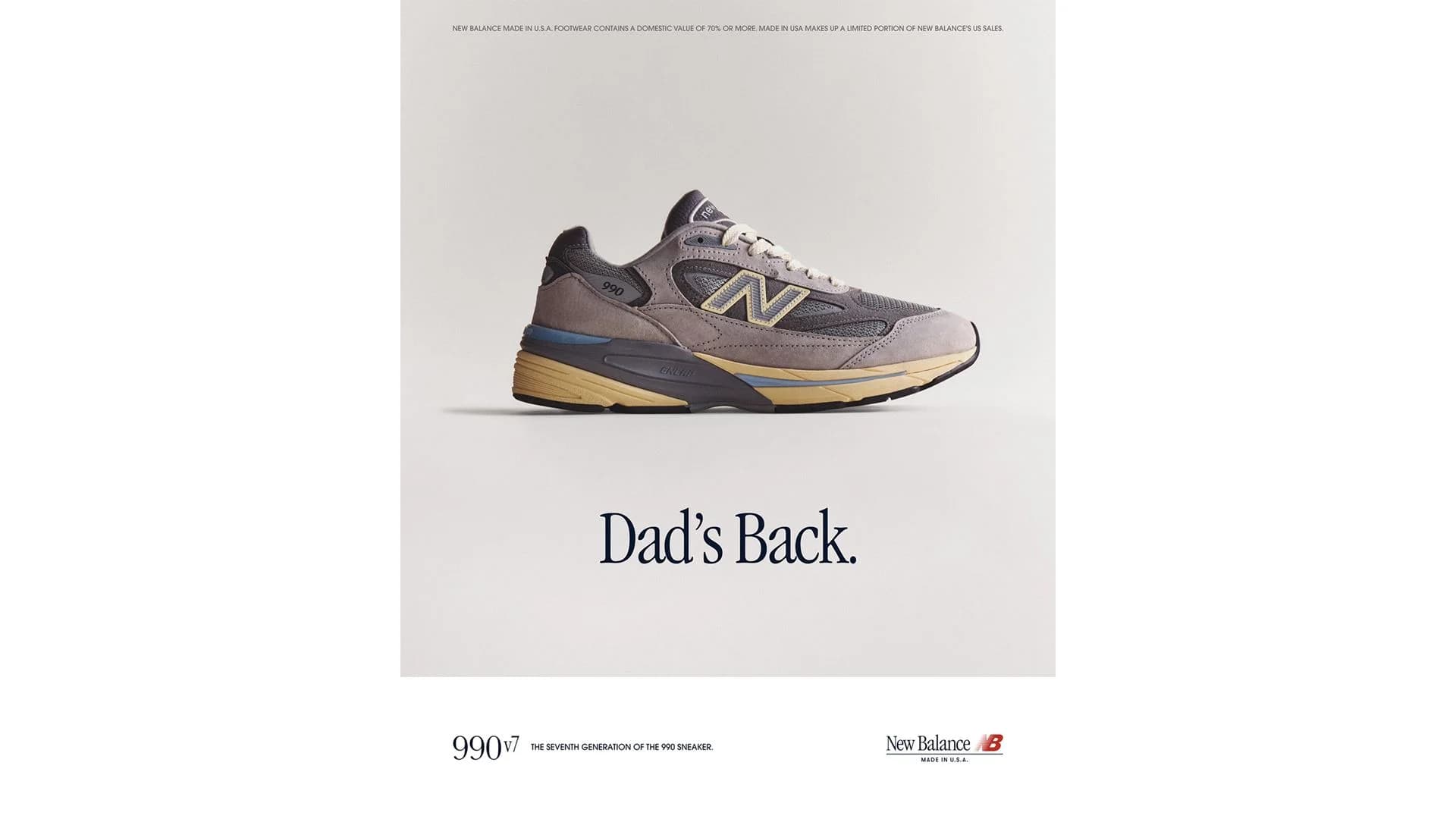 Official New Balance 990v7 launch graphic shows the grey sneaker with Dad’s Back campaign lettering