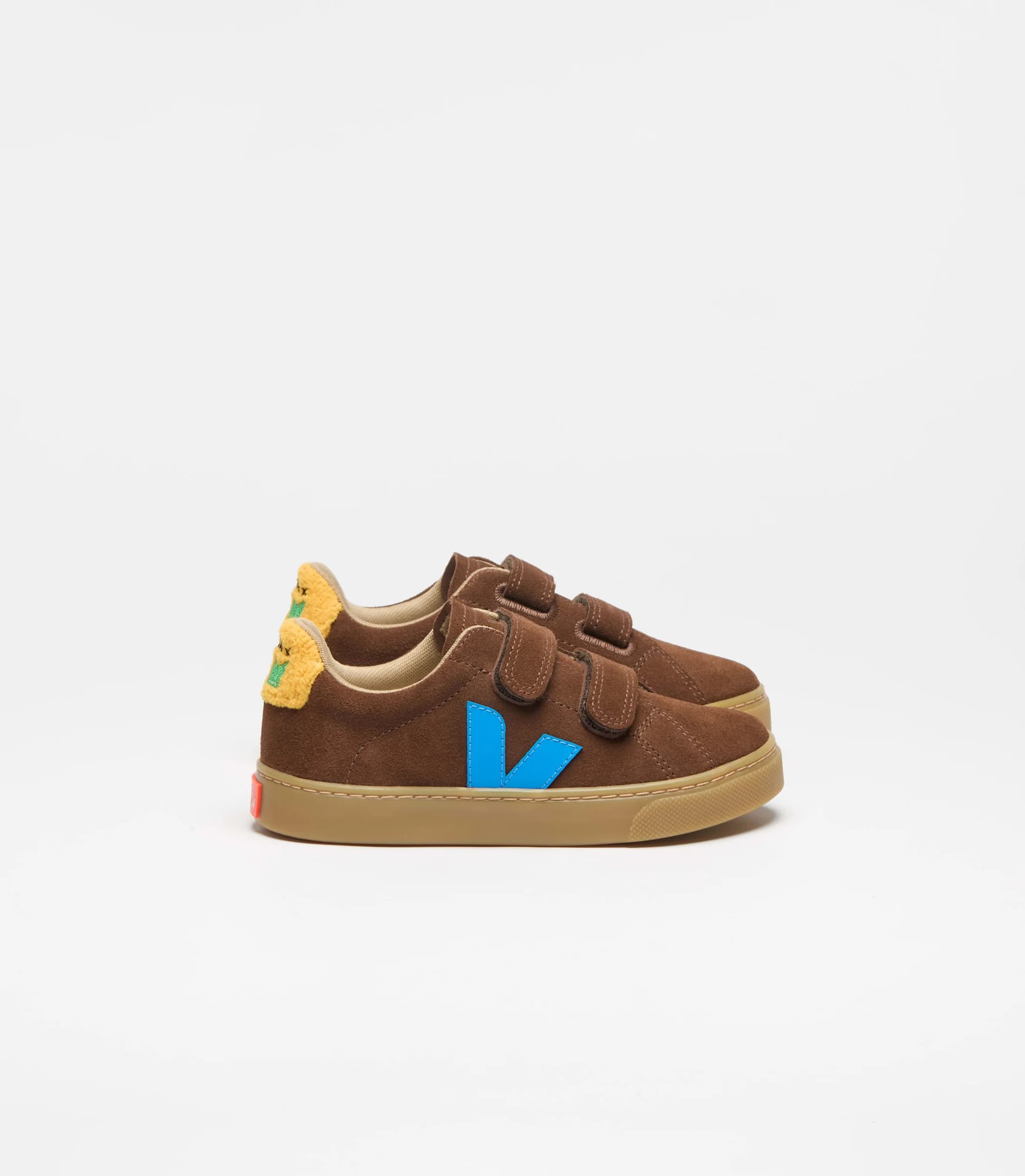 Pair of brown suede VEJA x Jelly Mallow Small Esplar sneakers with blue side logos and fuzzy heel tabs