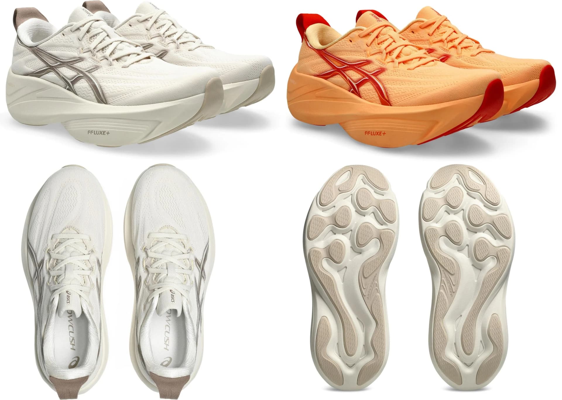 ASICS GEL-SLOWCUSH running shoes shown in Soft Oat and Orange Glow colorways.