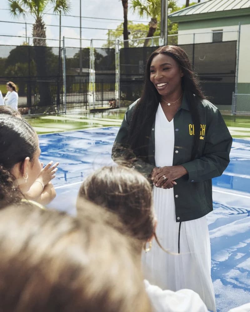 Venus Williams speaks with young tennis players at a First Serve event in Miami